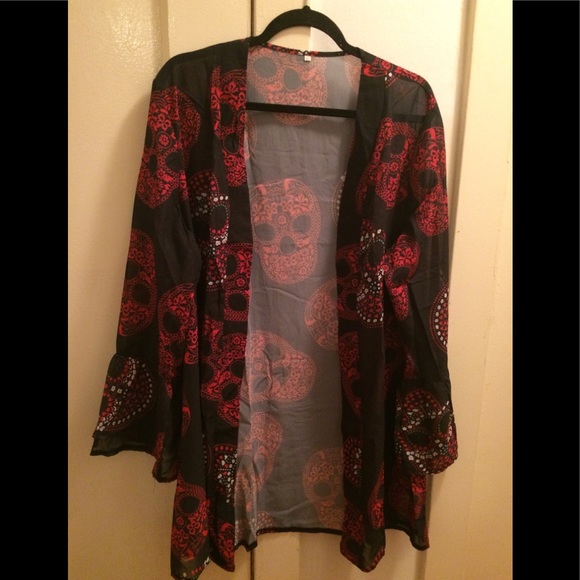 Other - Sheer Kimono Black/Red Plus Size Skull Print